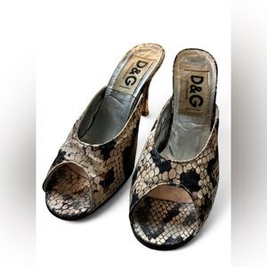 Vintage D&G Dolce & Gabbana Python Print Silk Peep Toe Mule Heels Size US7 EU38